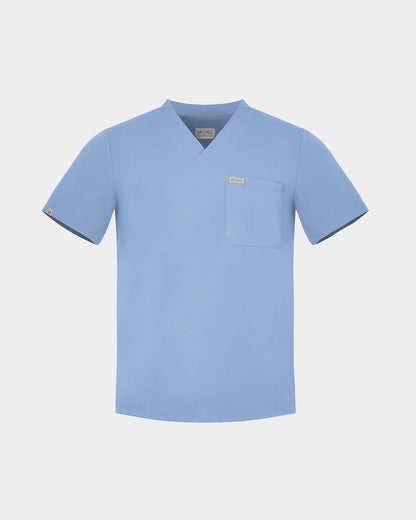 A light blue V-neck scrub top with a single chest pocket, displayed on a neutral light gray background.