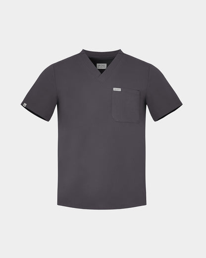 Dark grey short-sleeve men's scrub shirt on a grey background