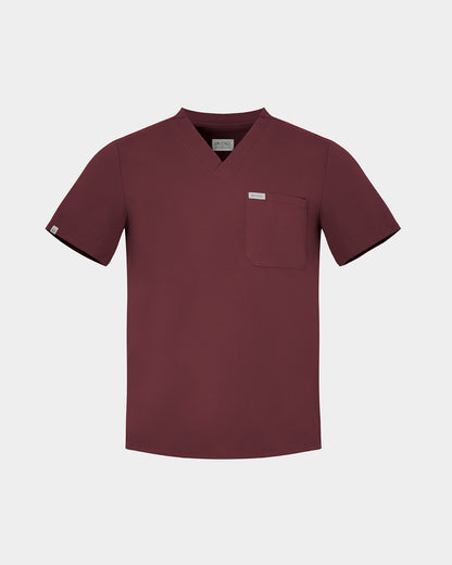 Heme Red v-neck scrub top with a chest pocket and a white logo label.