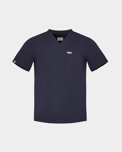 Blue short-sleeve scrub shirt with a chest pocket on a light grey background
