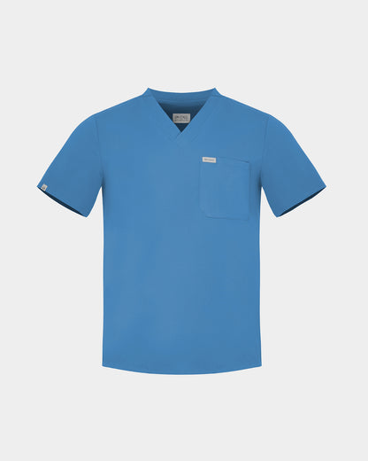 A bright blue v-neck scrub shirt with a chest pocket and rectangular logo label