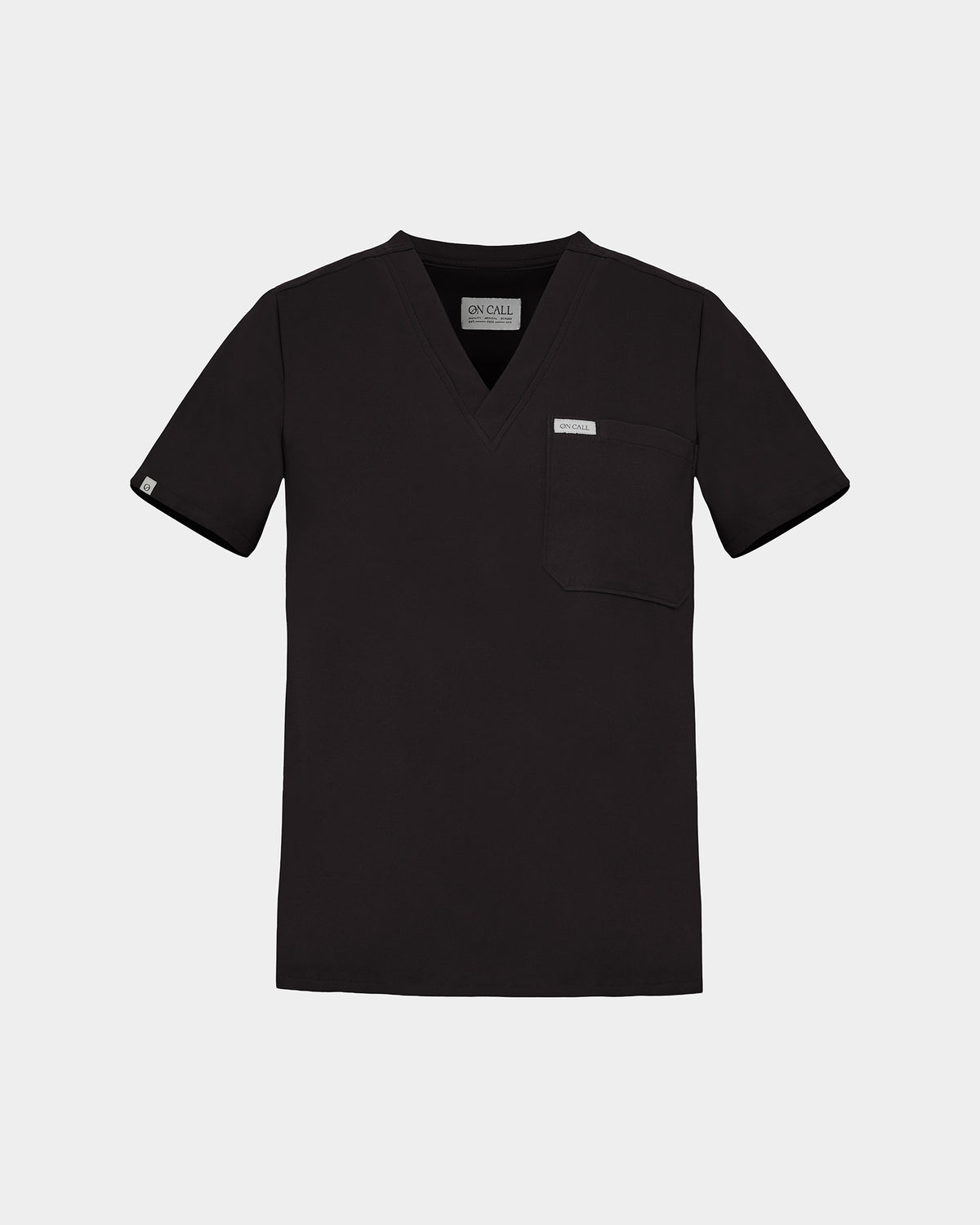 A black short-sleeve V-neck scrub top with a chest pocket, shown flat against a light gray background.