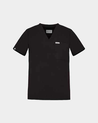 A black short-sleeve V-neck scrub top with a chest pocket, shown flat against a light gray background.