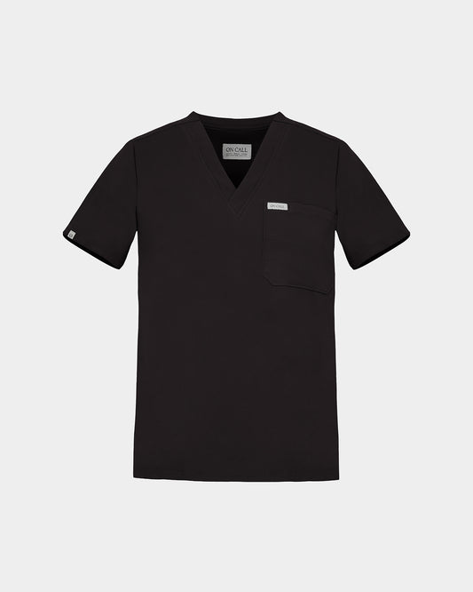 A black short-sleeve V-neck scrub top with a chest pocket, shown flat against a light gray background.