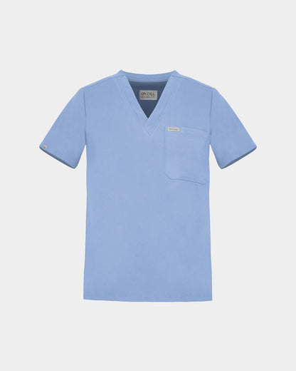 A light blue scrub top with a V-neck, short sleeves, and a chest pocket, displayed flat against a light gray background.