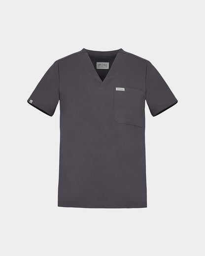 A dark grey scrub top with a V-neck, short sleeves, and a chest pocket, shown flat on a light gray background.