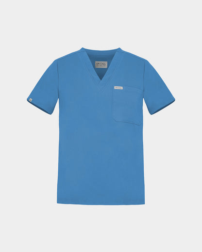 V-neck scrub shirt in a bright blue color, featuring a chest pocket with a logo label.