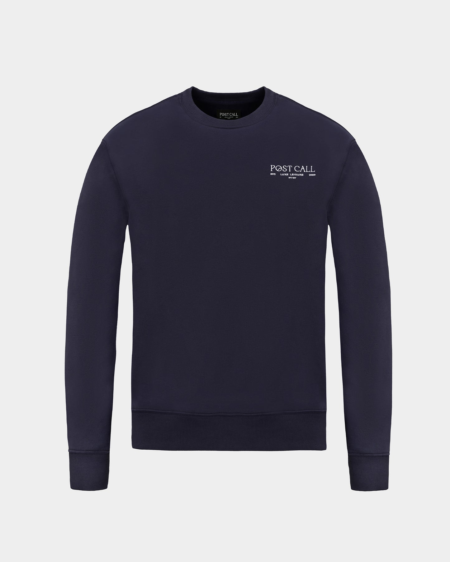 A dark navy blue crewneck sweatshirt with 'POST CALL' embroidered in white on the left chest, displayed on a clean light gray background.