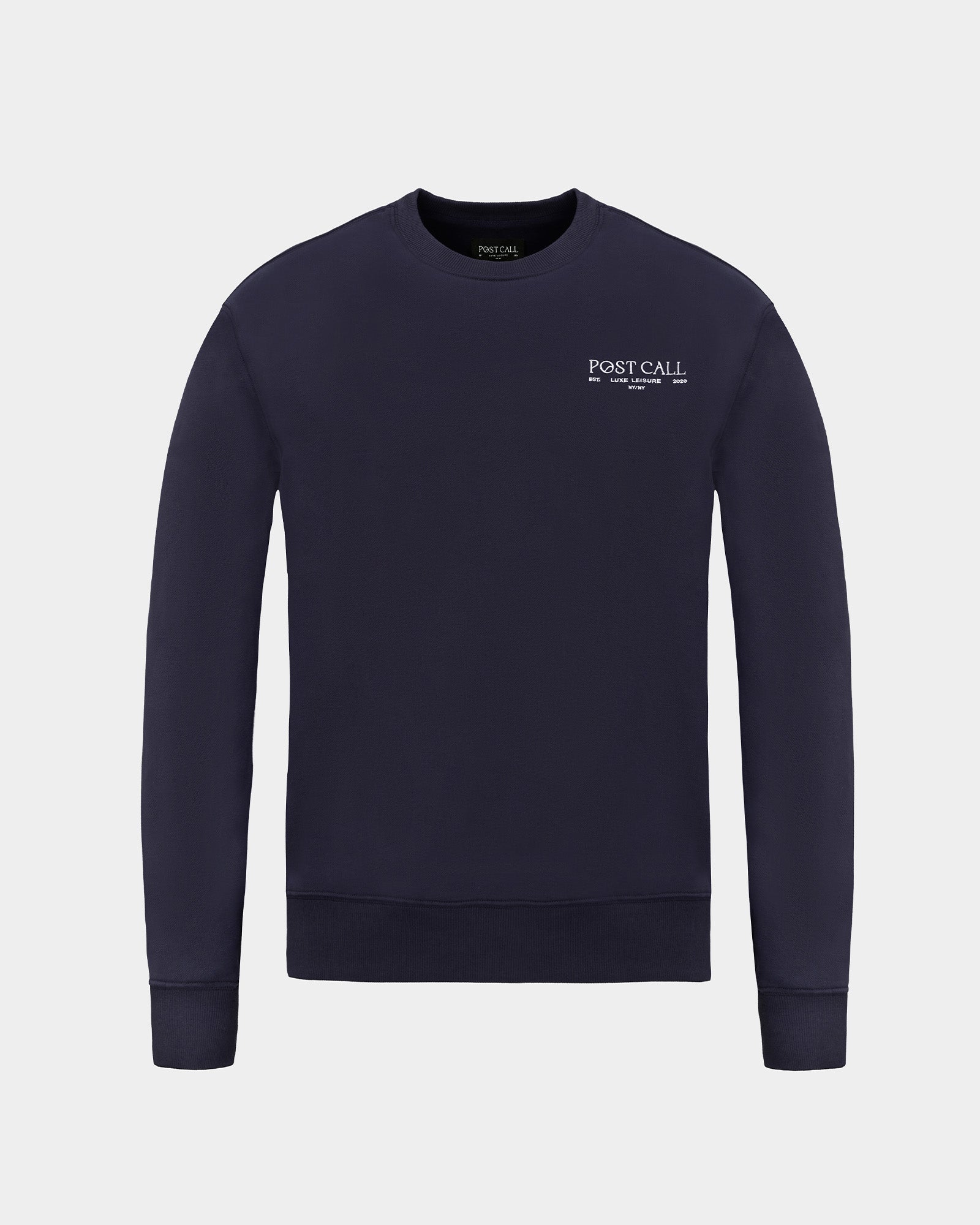 A dark navy blue crewneck sweatshirt with 'POST CALL' embroidered in white on the left chest, displayed on a clean light gray background.