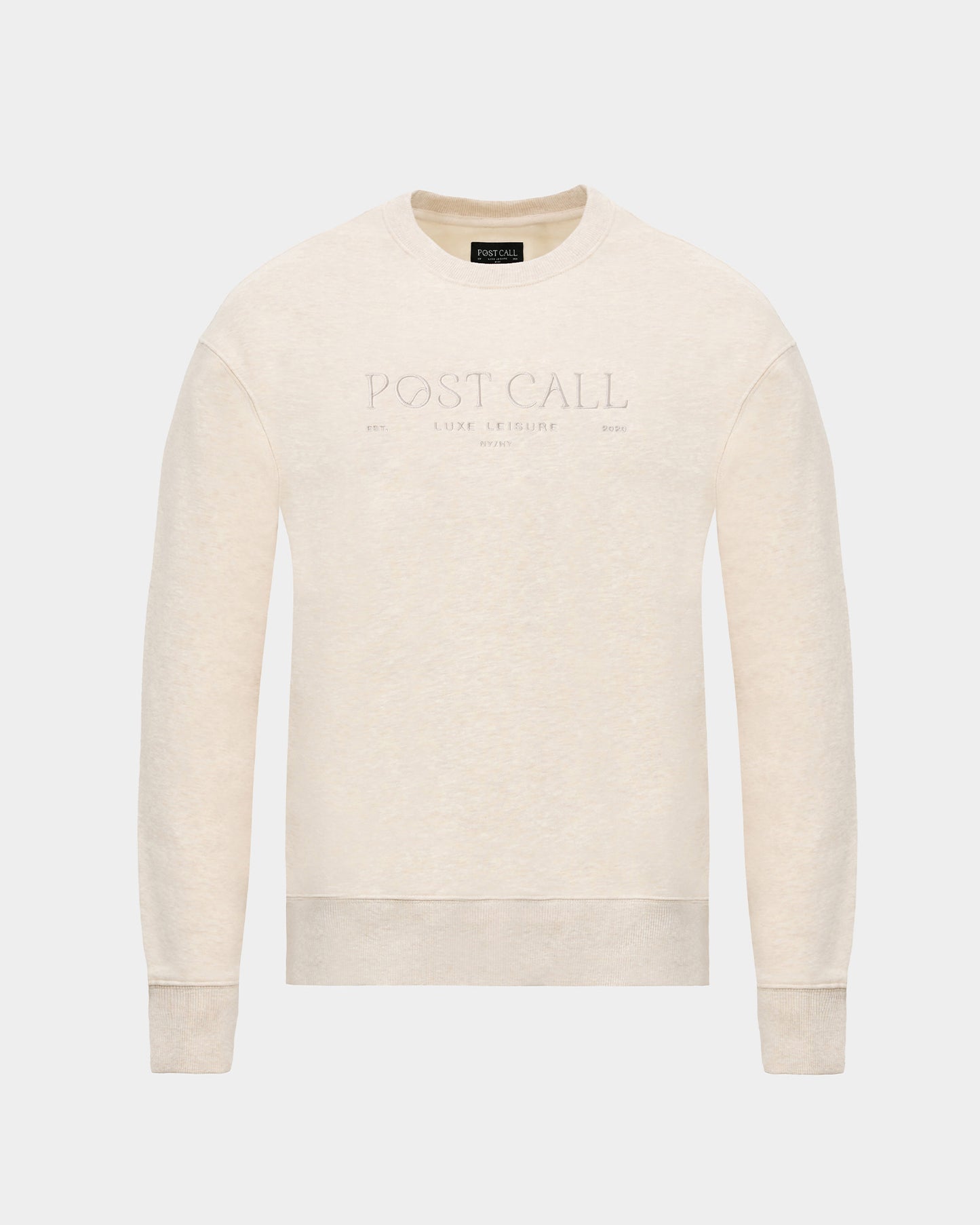 A heather beige crewneck sweatshirt with a tonal embroidered 'POST CALL' logo on the center of the chest, displayed on a clean light gray background.