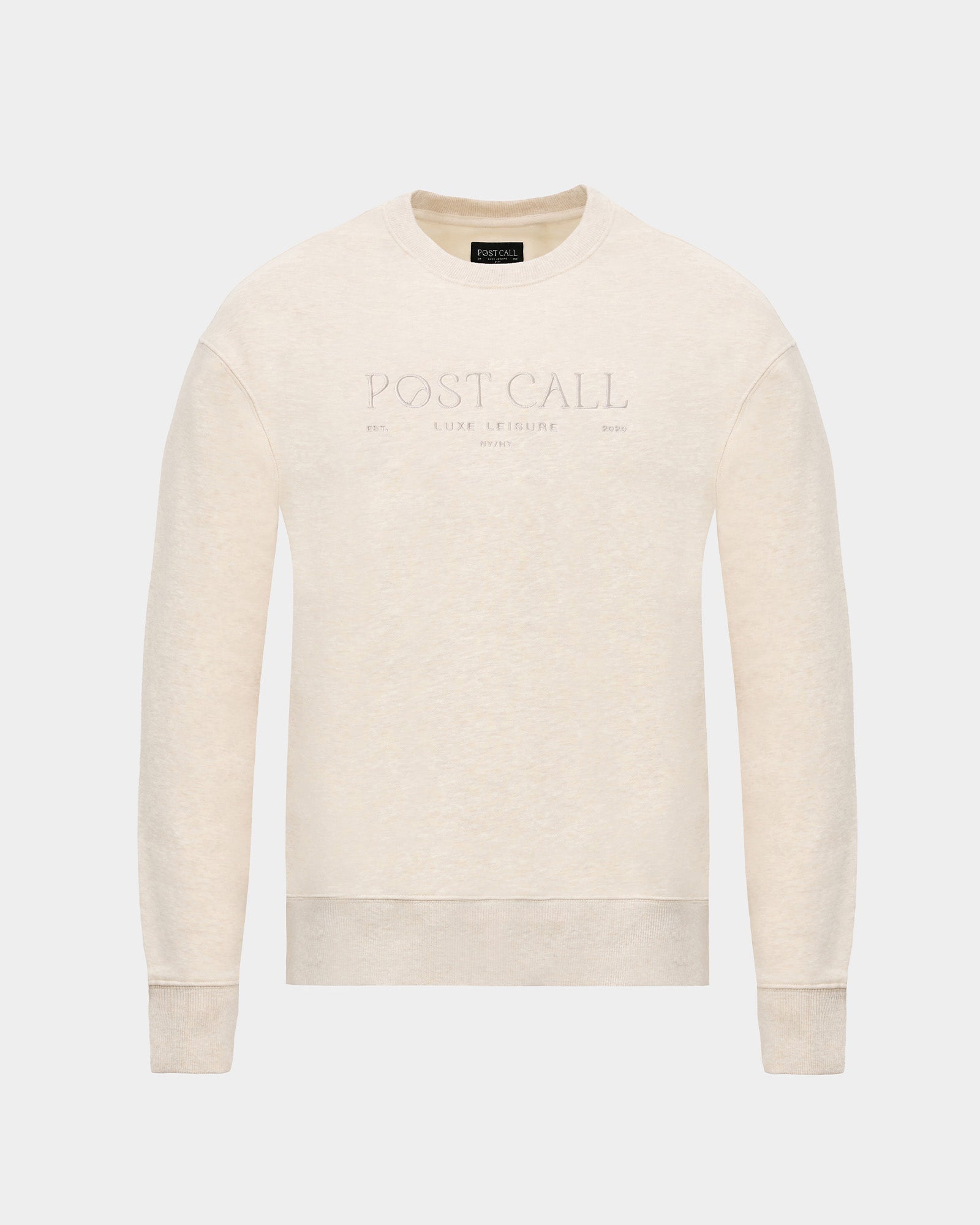 A heather beige crewneck sweatshirt with a tonal embroidered 'POST CALL' logo on the center of the chest, displayed on a clean light gray background.