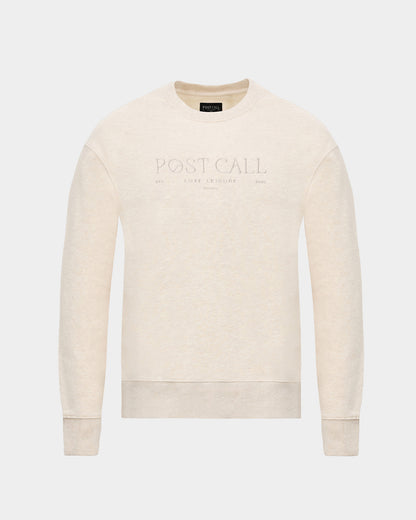 A heather beige crewneck sweatshirt with a tonal embroidered 'POST CALL' logo on the center of the chest, displayed on a clean light gray background.