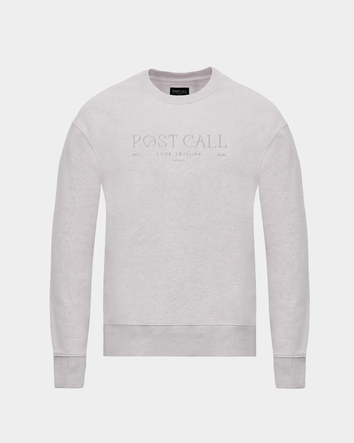A light gray crewneck sweatshirt with 'POST CALL' embroidered in a subtle, tonal thread across the chest, displayed on a clean light gray background.