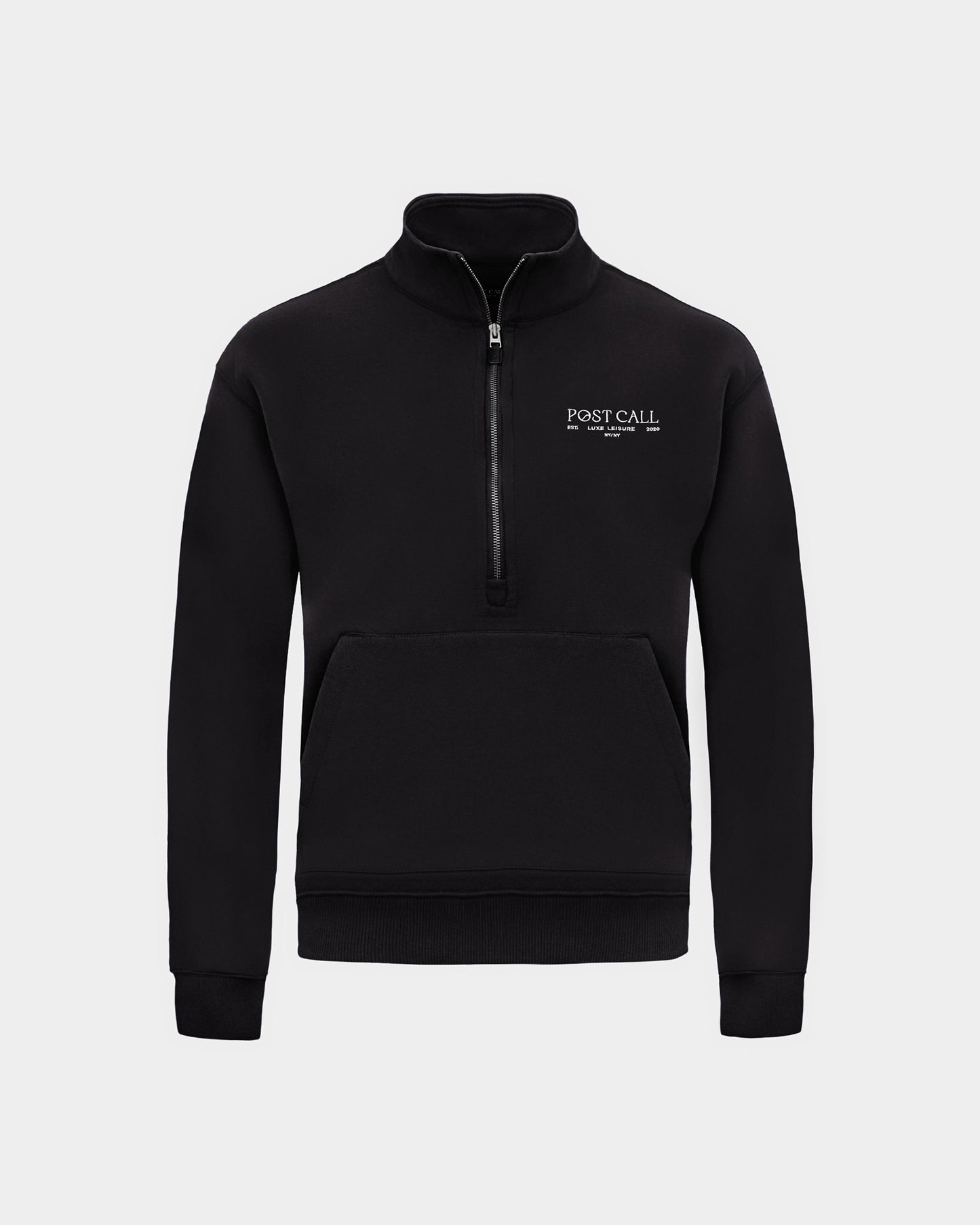 A black long-sleeve quarter-zip pullover sweatshirt with a small white 'POST CALL' logo on the left chest and kangaroo pocket displayed on a clean light gray background.