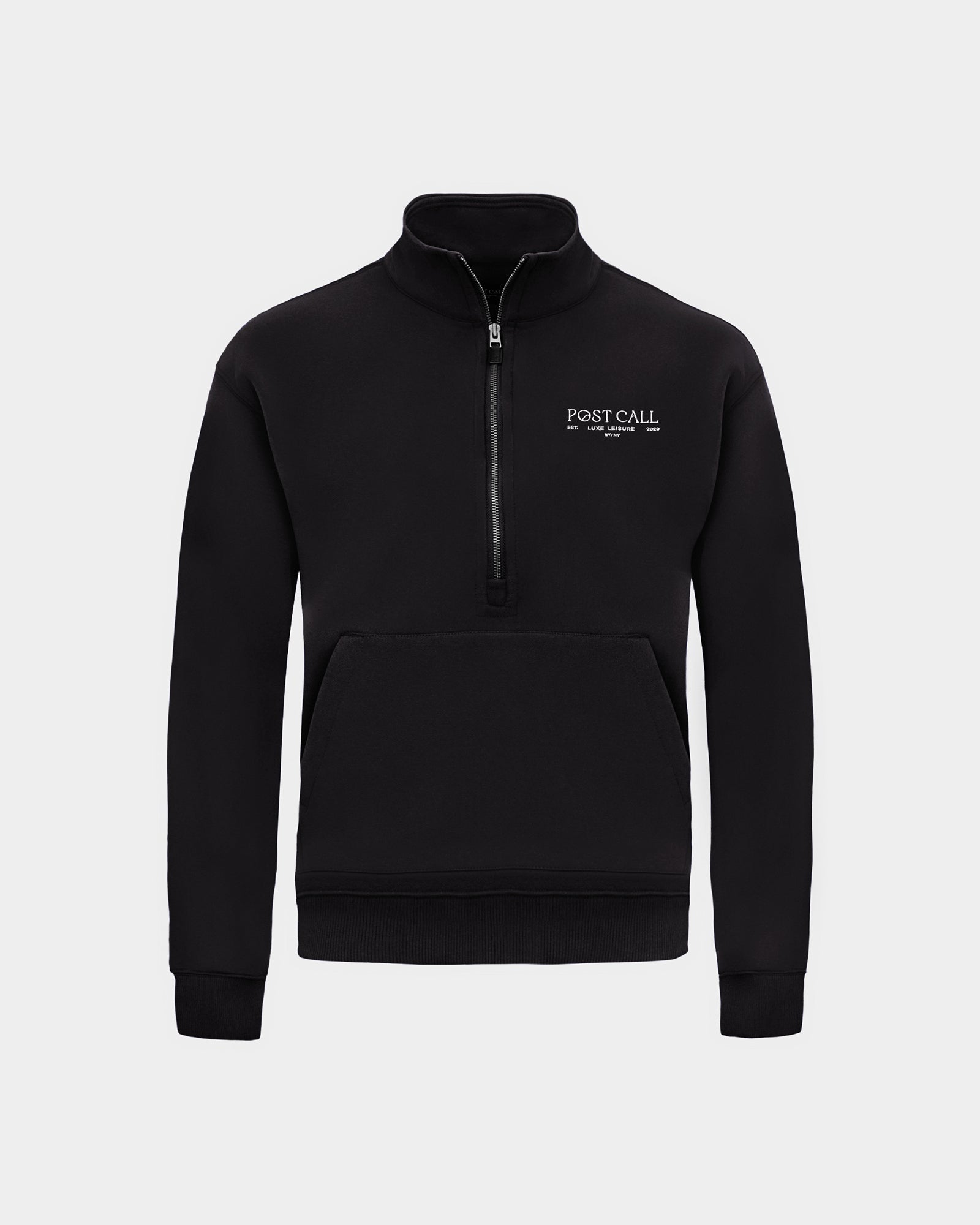 A black long-sleeve quarter-zip pullover sweatshirt with a small white 'POST CALL' logo on the left chest and kangaroo pocket displayed on a clean light gray background.