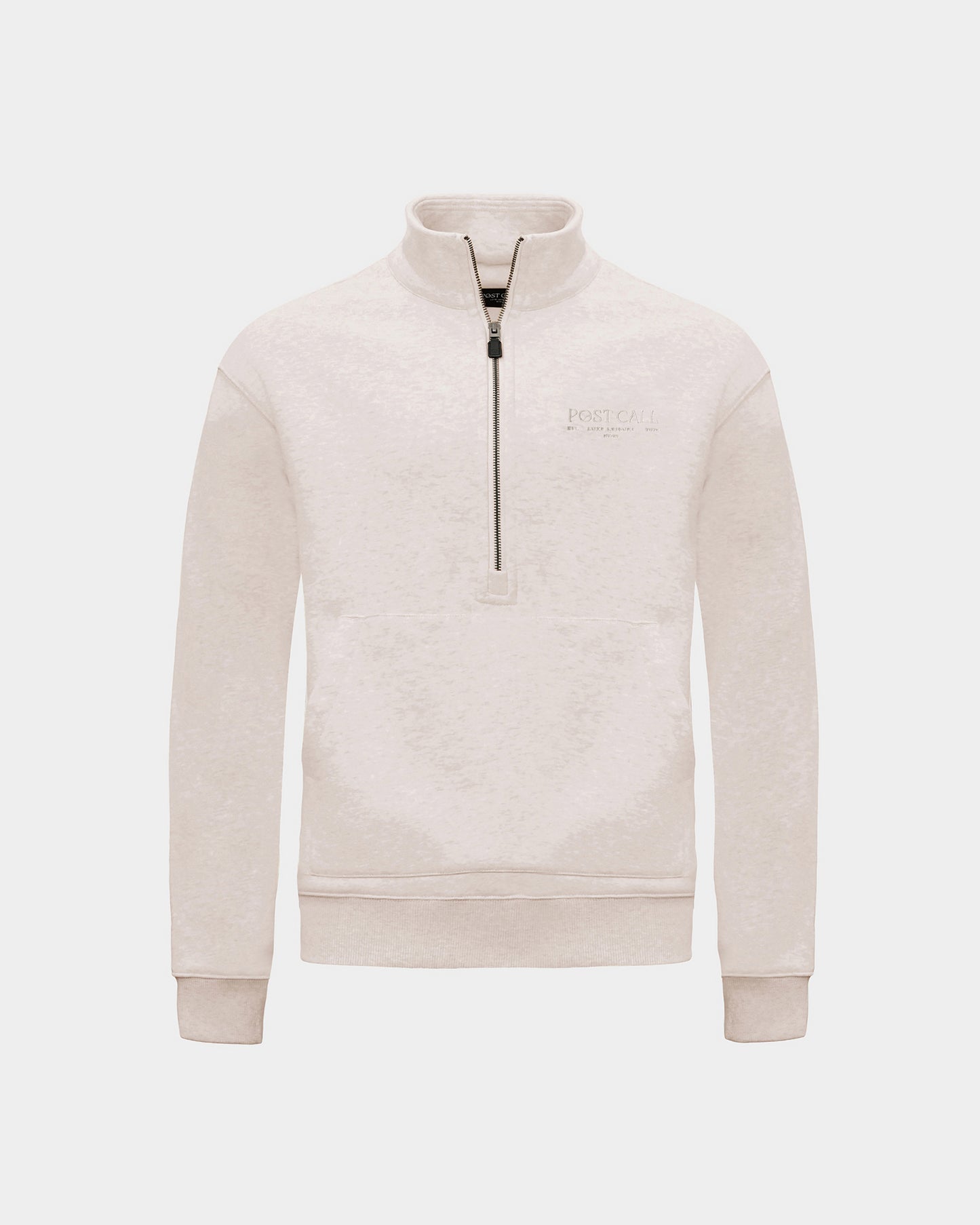 A heather beige long-sleeve quarter-zip pullover sweatshirt with a small tonal 'POST CALL' logo on the left chest and kangaroo pocket displayed on a clean light gray background.