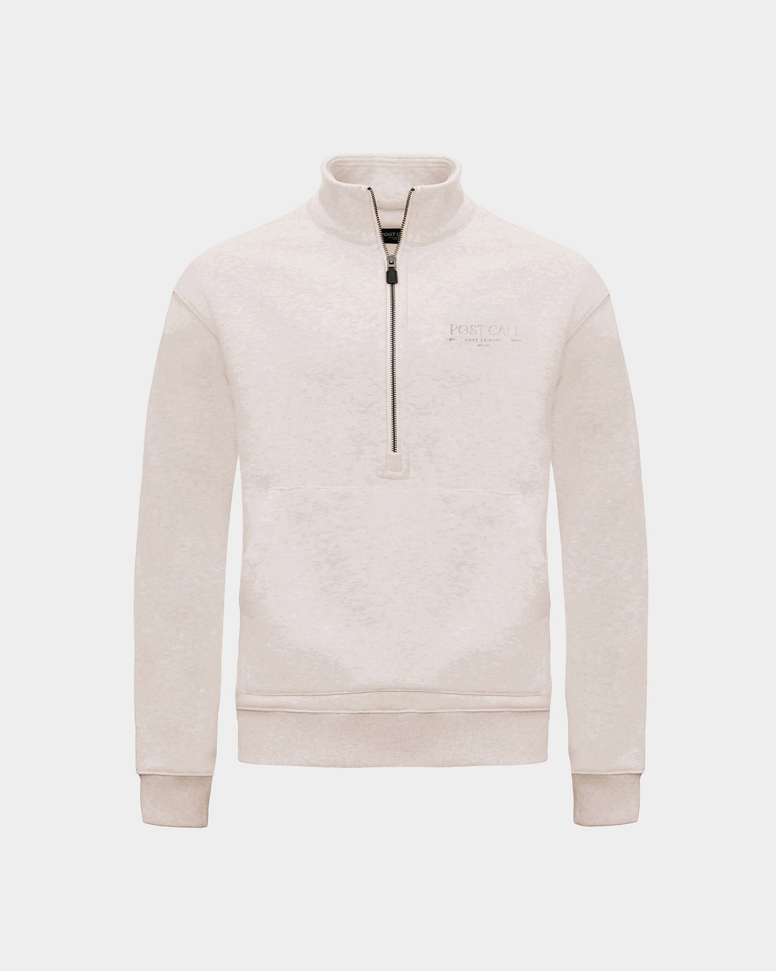 A heather beige long-sleeve quarter-zip pullover sweatshirt with a small tonal 'POST CALL' logo on the left chest and kangaroo pocket displayed on a clean light gray background.