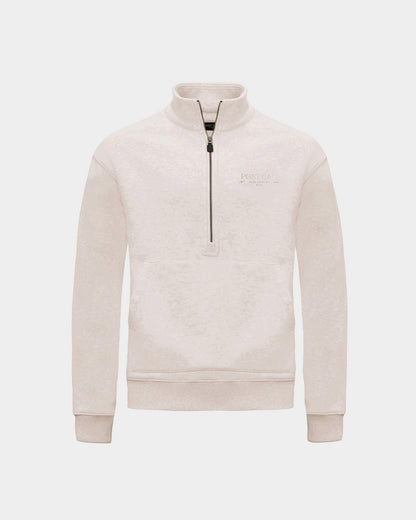 A heather beige long-sleeve quarter-zip pullover sweatshirt with a small tonal 'POST CALL' logo on the left chest and kangaroo pocket displayed on a clean light gray background.