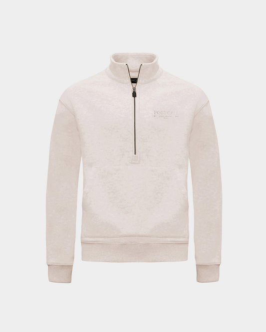 A heather beige long-sleeve quarter-zip pullover sweatshirt with a small tonal 'POST CALL' logo on the left chest and kangaroo pocket displayed on a clean light gray background.