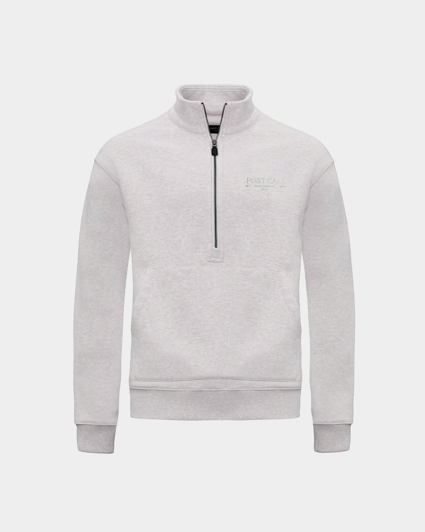 A heather grey long-sleeve quarter-zip pullover sweatshirt with a small tonal embroidered 'POST CALL' logo on the left chest and kangaroo pocket displayed on a clean light gray background.