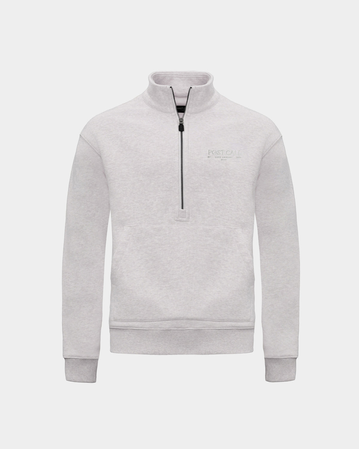 A heather grey long-sleeve quarter-zip pullover sweatshirt with a small tonal embroidered 'POST CALL' logo on the left chest and kangaroo pocket displayed on a clean light gray background.