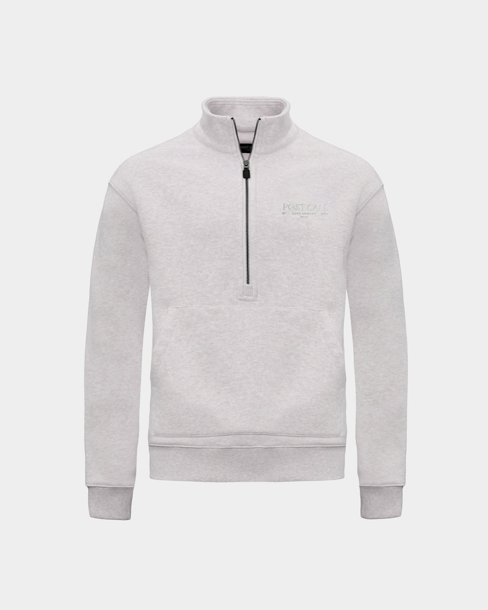 A heather grey long-sleeve quarter-zip pullover sweatshirt with a small tonal embroidered 'POST CALL' logo on the left chest and kangaroo pocket displayed on a clean light gray background.