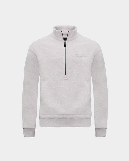 A heather grey long-sleeve quarter-zip pullover sweatshirt with a small tonal embroidered 'POST CALL' logo on the left chest and kangaroo pocket displayed on a clean light gray background.