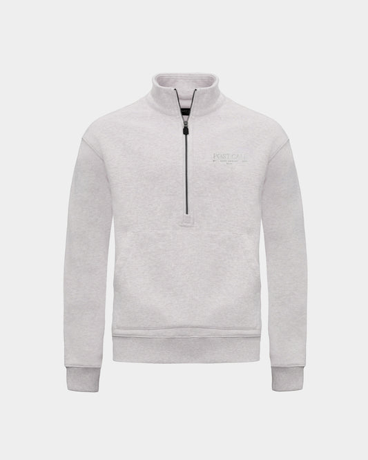 A heather grey long-sleeve quarter-zip pullover sweatshirt with a small tonal embroidered 'POST CALL' logo on the left chest and kangaroo pocket displayed on a clean light gray background.