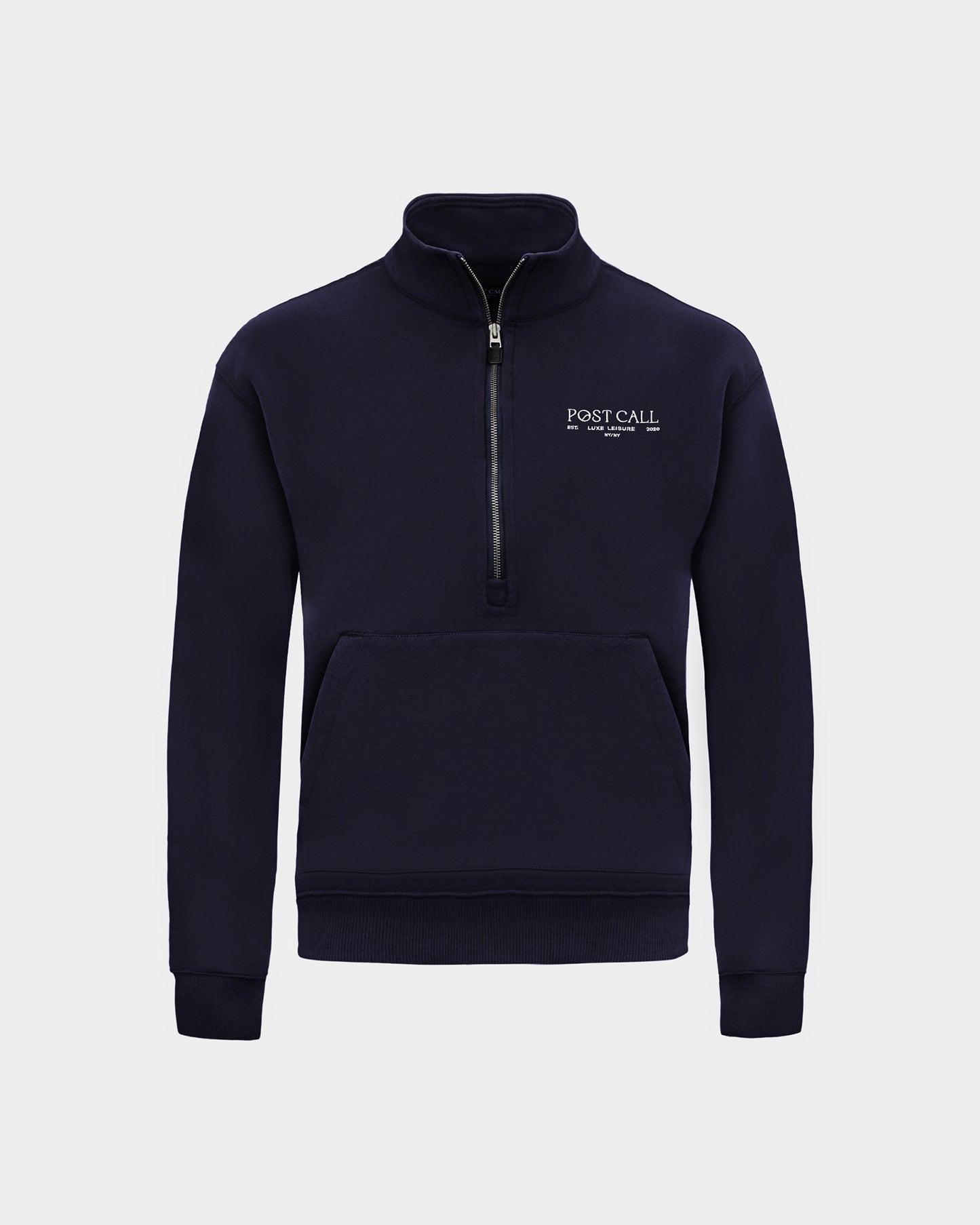A navy long-sleeve quarter-zip pullover sweatshirt with a small white 'POST CALL' logo on the left chest and kangaroo pocket displayed on a clean light gray background.
