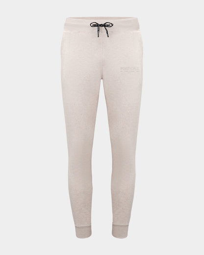 Heather beige jogger lounge pants with ankle cuffs, a logo drawstring, and a tonal embroidered 'POST CALL' logo on the left thigh.
