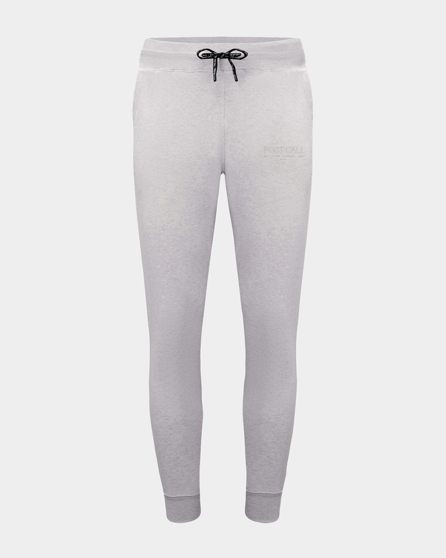 Light gray heather jogger pants with a black drawstring waist and a subtle tonal logo on the left thigh, shown against a light gray background.