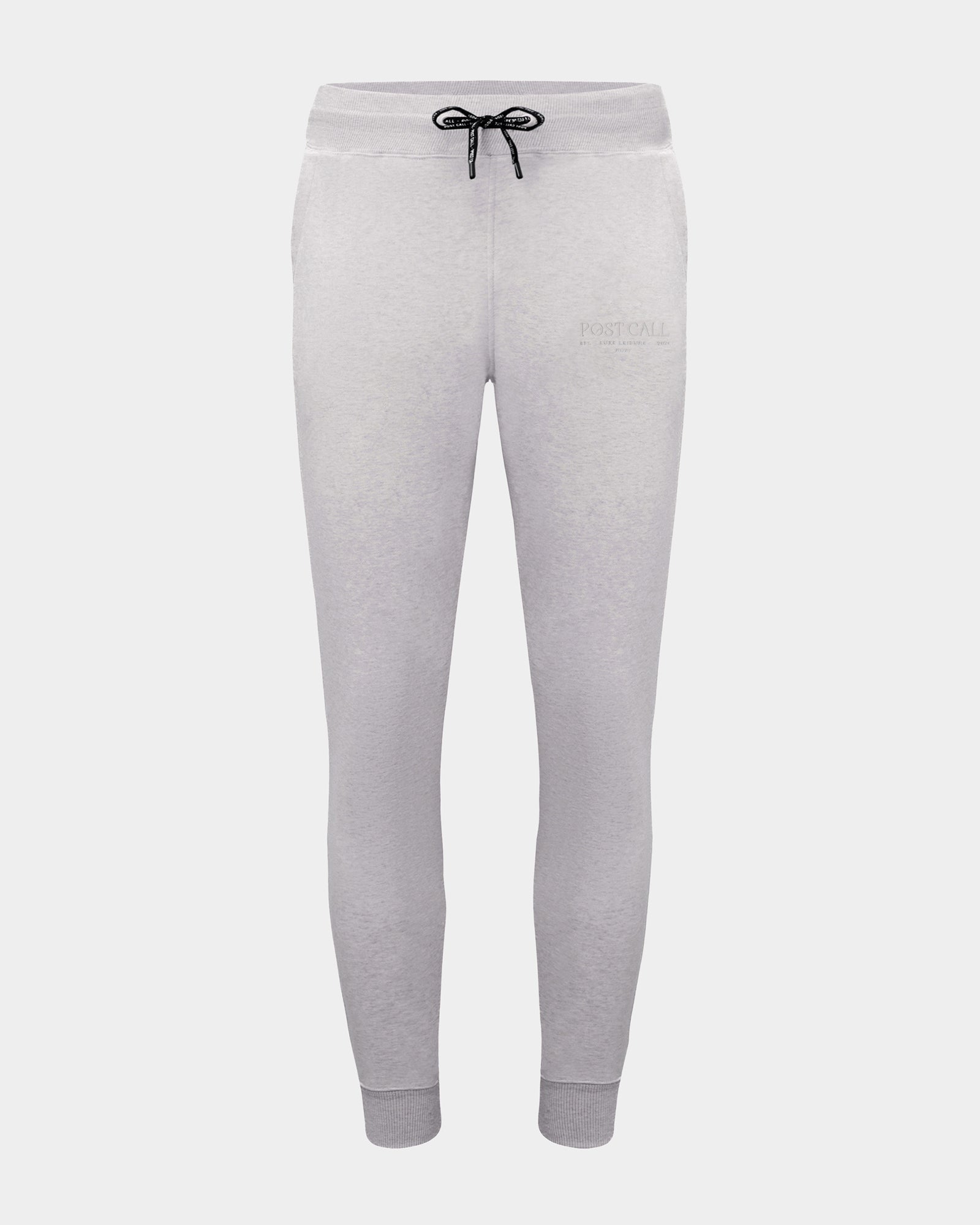 Light gray heather jogger pants with a black drawstring waist and a subtle tonal logo on the left thigh, shown against a light gray background.