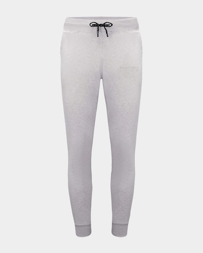 Light gray heather jogger pants with a black drawstring waist and a subtle tonal logo on the left thigh, shown against a light gray background.