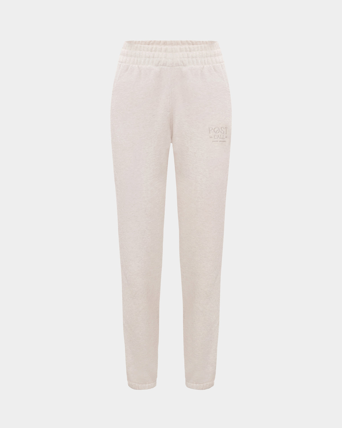 Heather beige lounge pants with a thick elasticated waistband, hidden drawstring, elasticated ankle cuffs, and tonal logo embroidery on the left thigh.