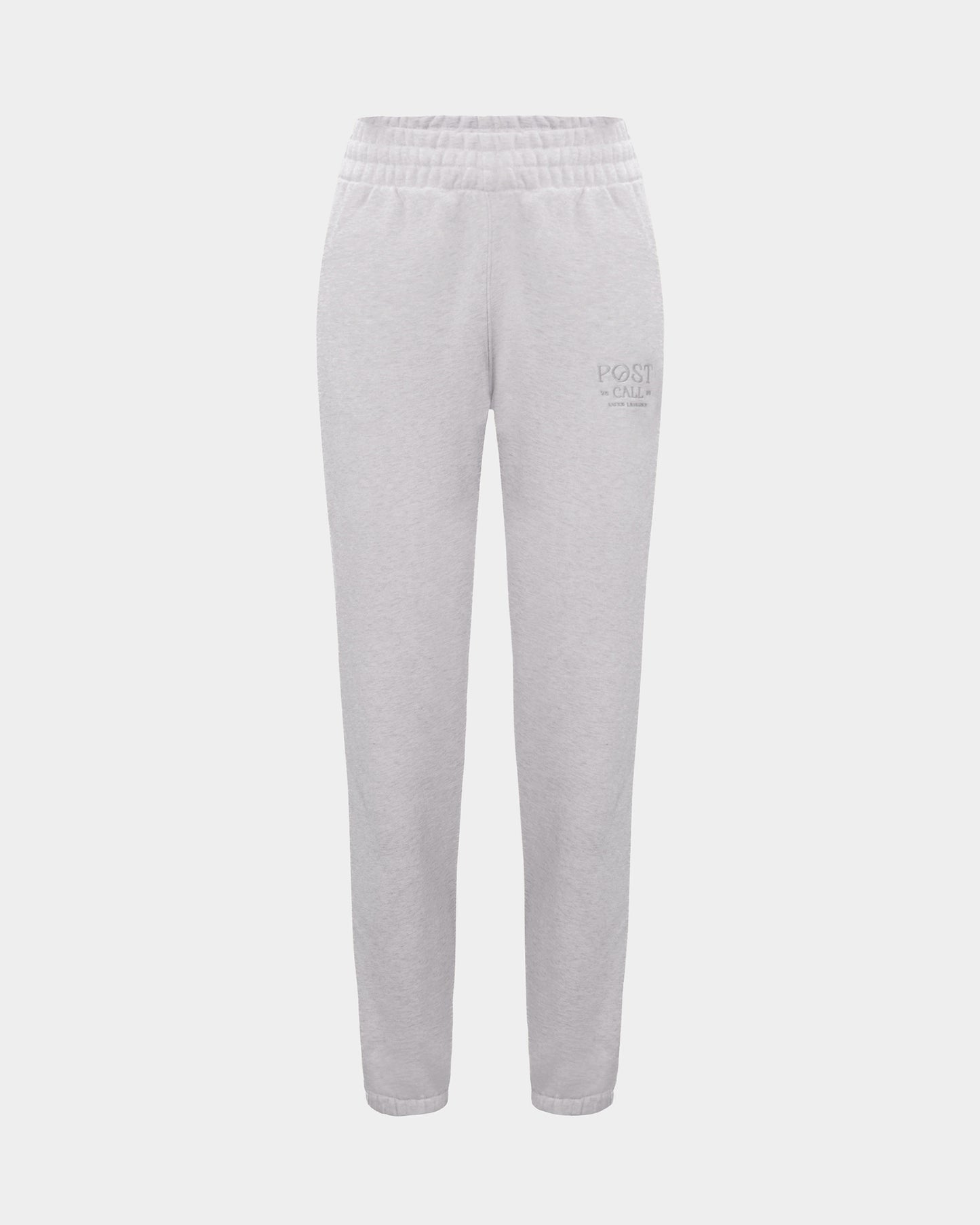 Light gray heather sweatpants with an elastic waistband and a small gray 'POST' logo embroidered on the upper left thigh, shown against a light gray background.