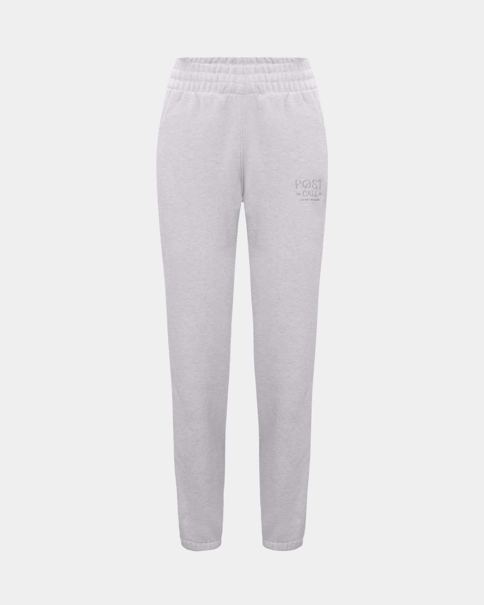 Light gray heather sweatpants with an elastic waistband and a small gray 'POST' logo embroidered on the upper left thigh, shown against a light gray background.
