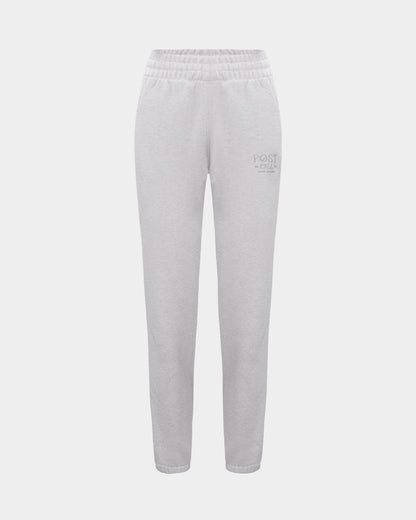 Light gray heather sweatpants with an elastic waistband and a small gray 'POST' logo embroidered on the upper left thigh, shown against a light gray background.