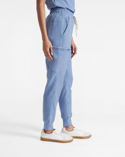 Side view of women's jogger cargo scrub in ciel blue