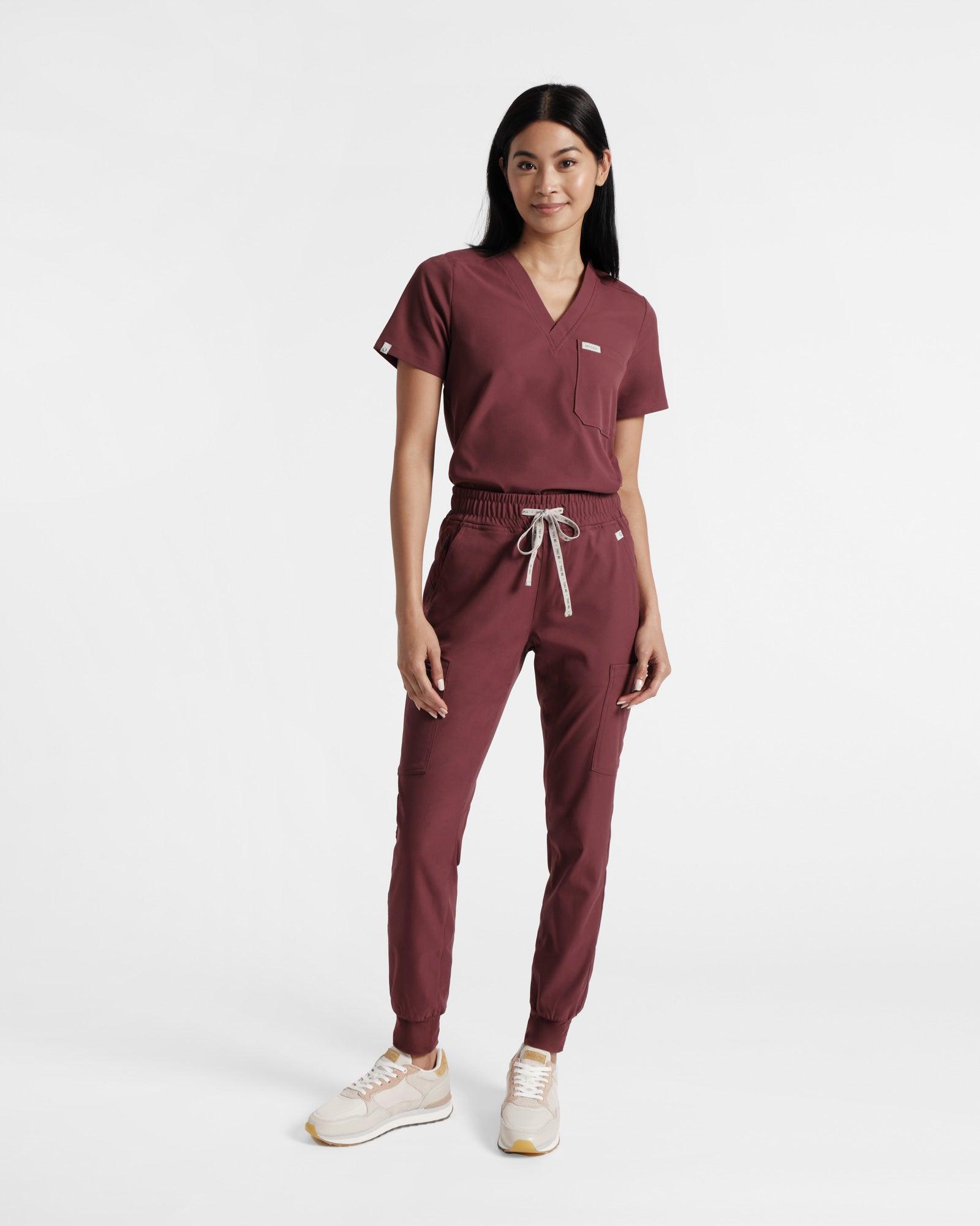 Women's jogger cargo scrub in heme red