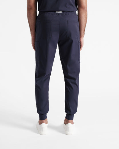 Back side view of men's navy jogger cargo scrub