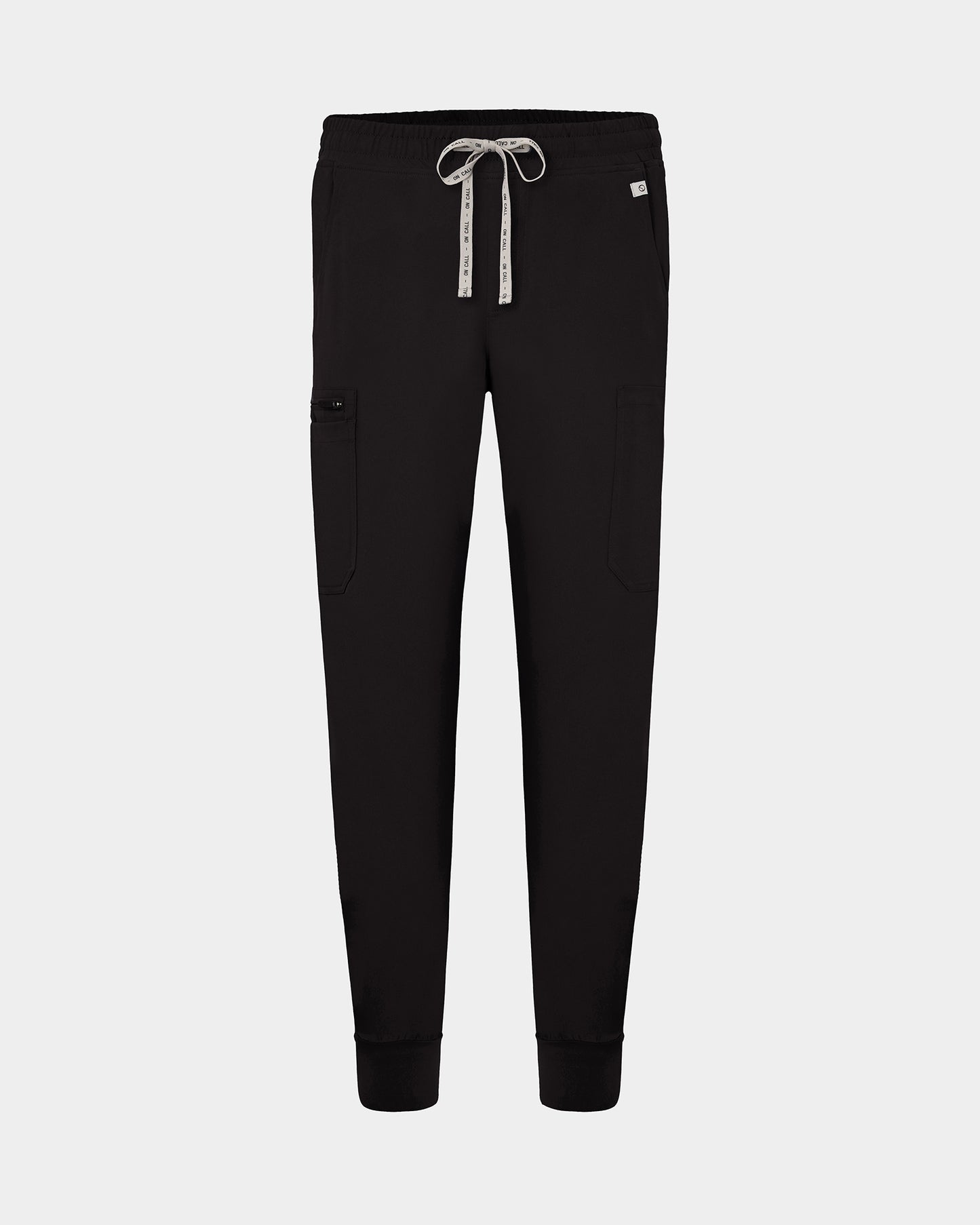 Black cargo jogger scrub pants with a logo drawstring, small logo label on the hip pocket, and ankle cuffs.