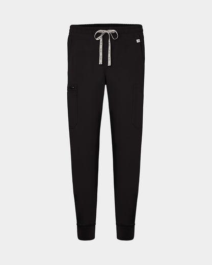 Black cargo jogger scrub pants with a logo drawstring, small logo label on the hip pocket, and ankle cuffs.
