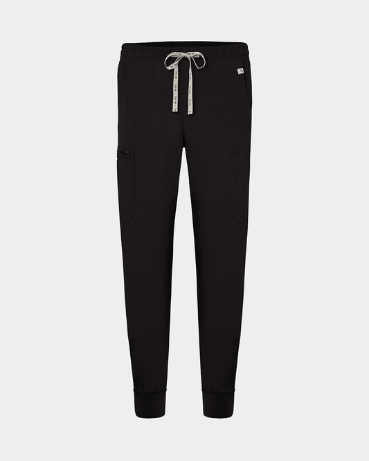 Black cargo jogger scrub pants with a logo drawstring, small logo label on the hip pocket, and ankle cuffs.