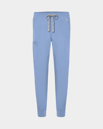 Light blue cargo jogger scrub pants with a logo drawstring, small logo label on the hip pocket, and ankle cuffs.