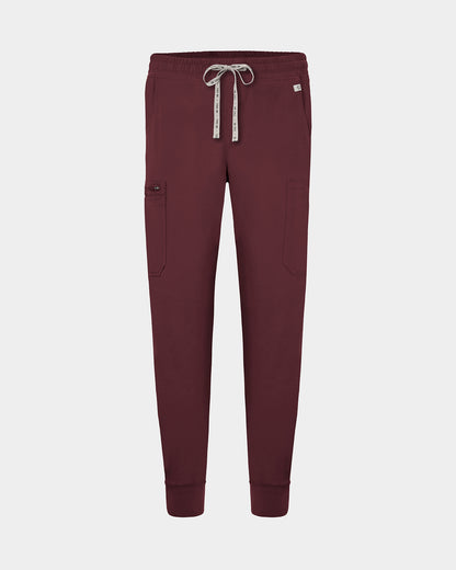 Heme red cargo jogger scrub pants with a logo drawstring, small logo label on the hip pocket, and ankle cuffs.