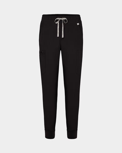Black jogger-style scrub pants with a white drawstring, cargo pockets, and a small white logo on the upper right hip, shown against a light gray background.