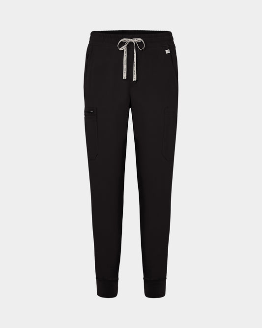 Black jogger-style scrub pants with a white drawstring, cargo pockets, and a small white logo on the upper right hip, shown against a light gray background.