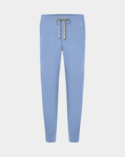Light blue cargo jogger scrub pants with a logo drawstring, small logo label on the hip pocket, and ankle cuffs.