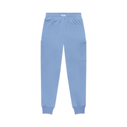 The back of light blue jogger scrub pants on a white background