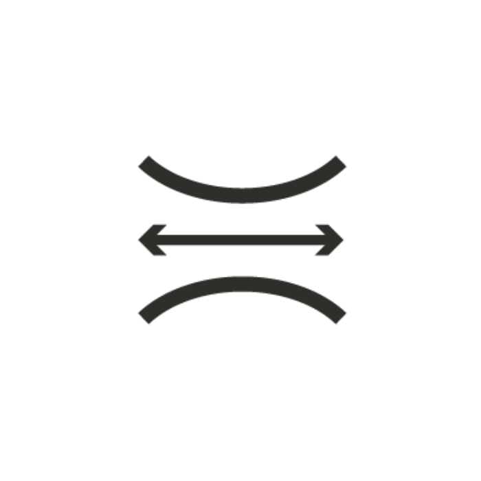 Two black lines, curved toward the center with a straight double ended arrow in between the curves.
